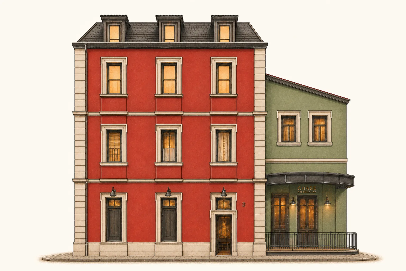 Ilustración generada con IA de la CHASE House roja y verde con CHASE Bar y Steakhouse