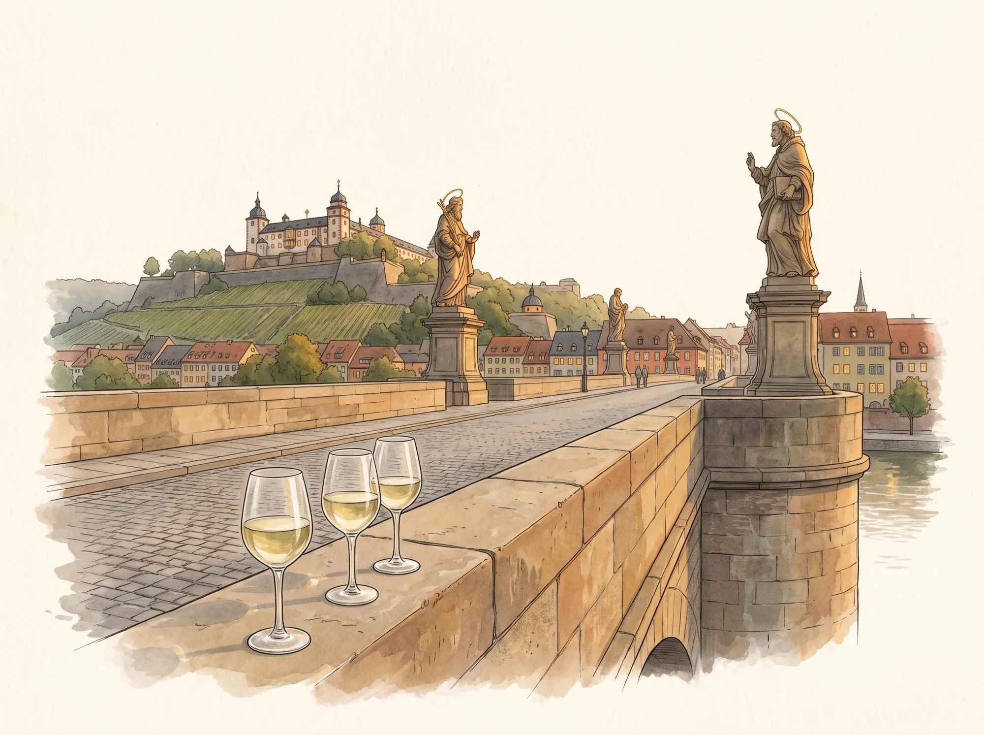 Illustration: Weingläser auf der Brüstung der Alten Mainbrücke, im Hintergrund die Festung Marienberg