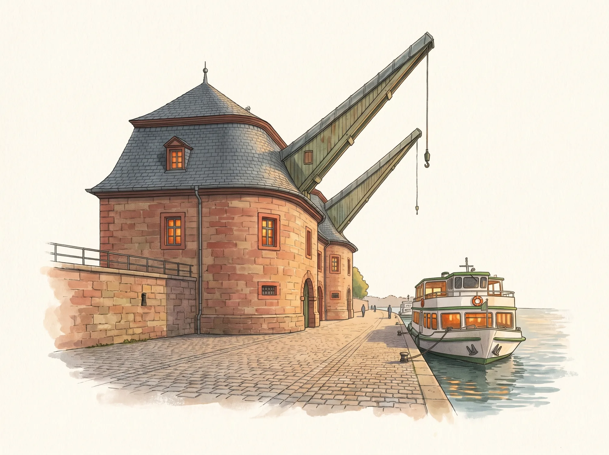 Illustration: Alter Kranen am Mainufer mit Ausflugsschiff