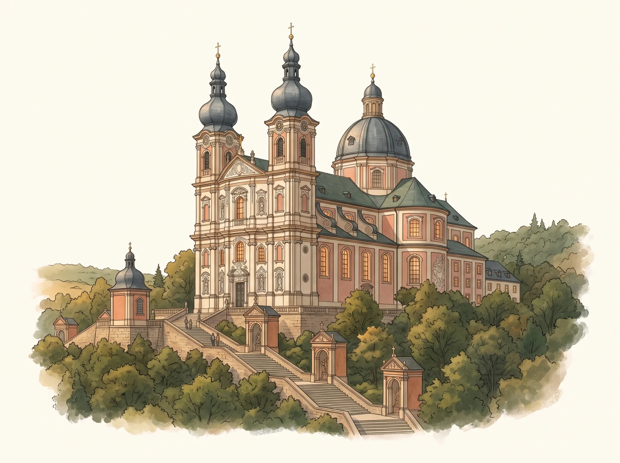 Illustration: Wallfahrtskirche Käppele mit Stationsweg