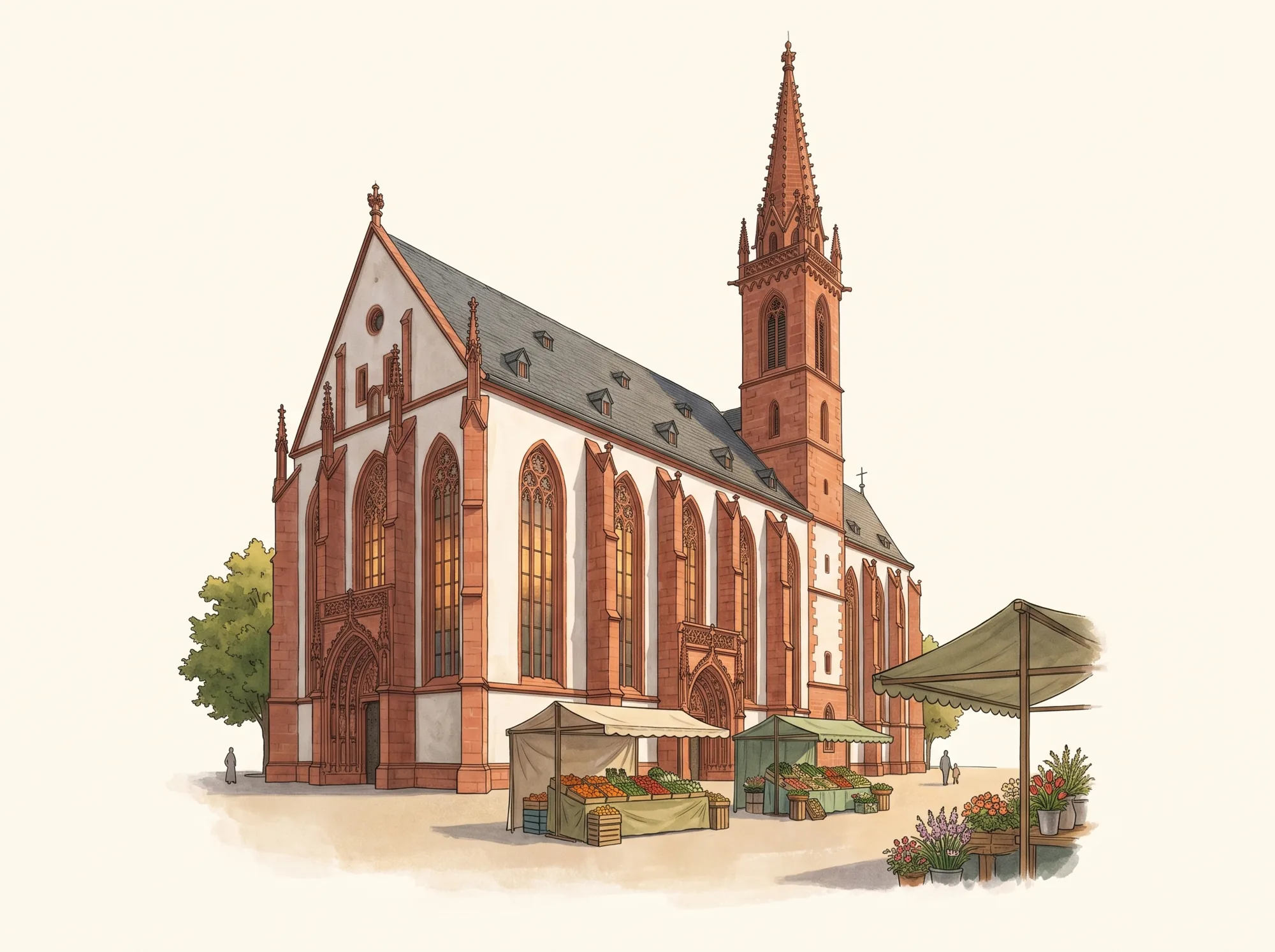 Illustration: Marienkapelle am Würzburger Marktplatz mit Marktständen