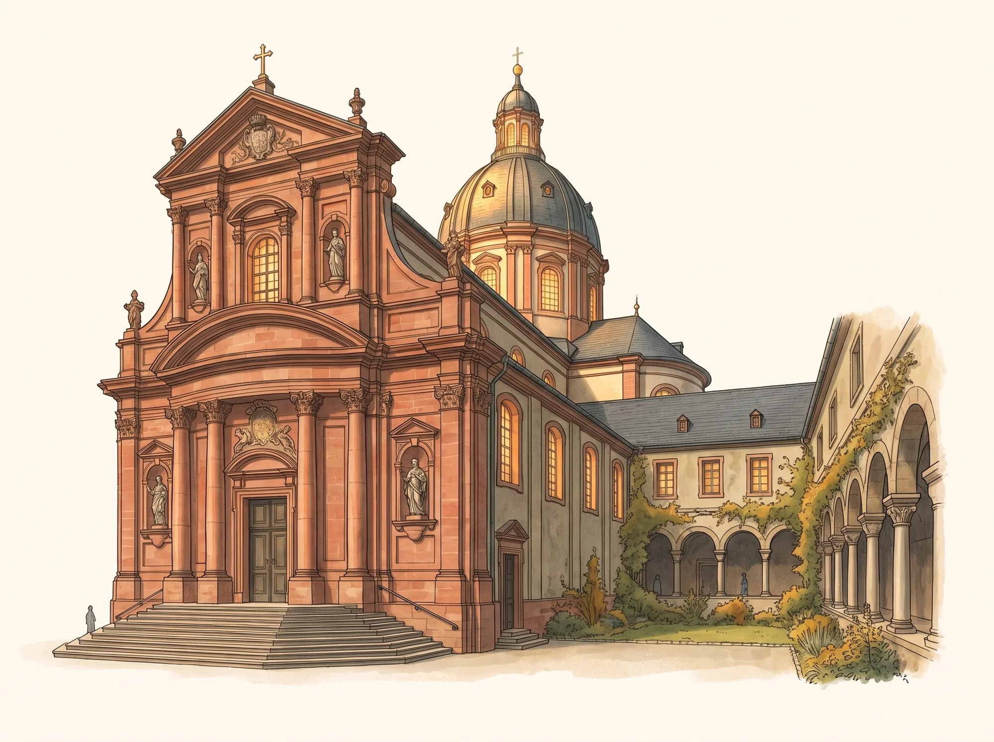 Illustration: Barockfassade des Neumünsters mit Kuppel, daneben der Kreuzgang des Lusamgärtleins