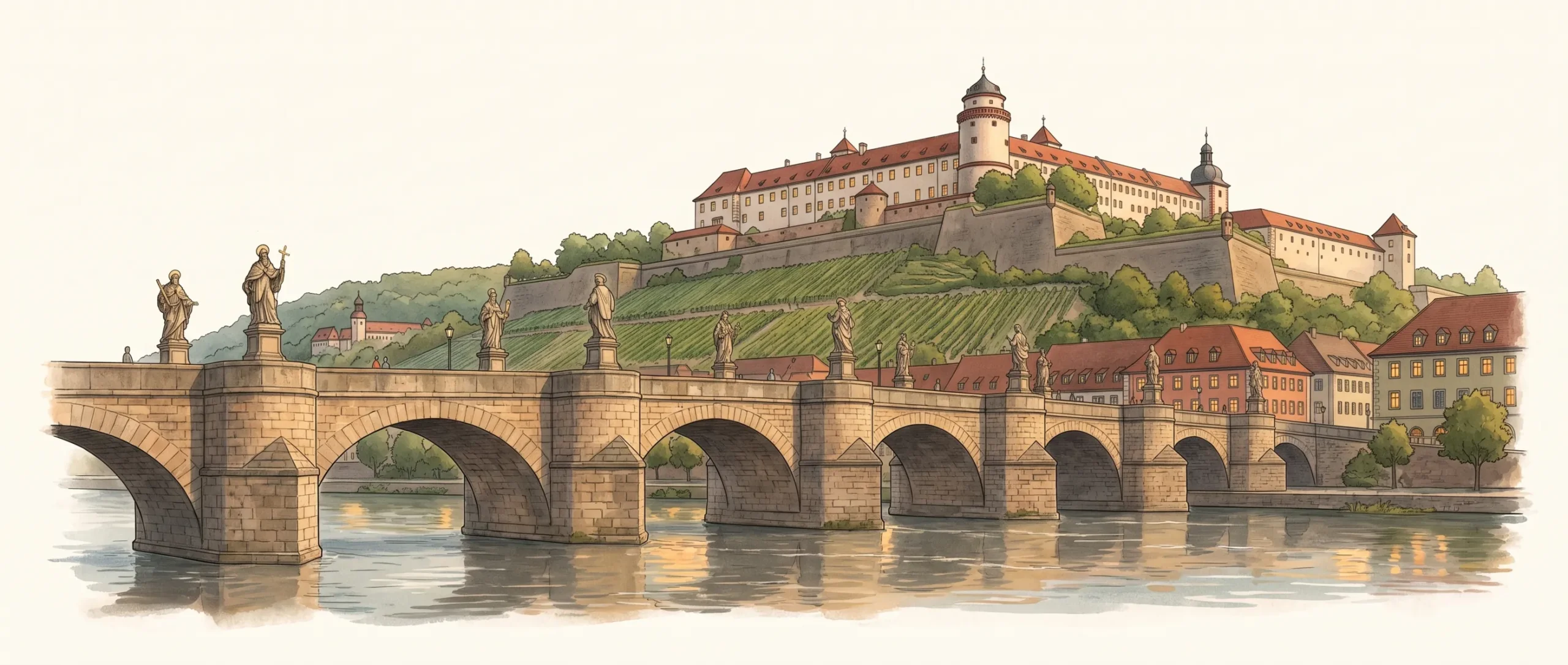 Illustration: Alte Mainbrücke mit Heiligenfiguren, darüber die Festung Marienberg auf dem Weinberg