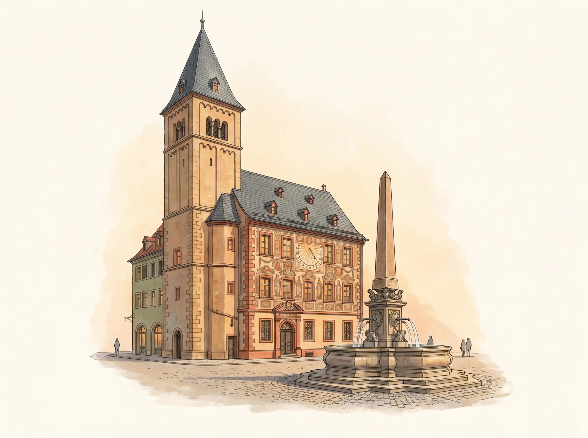 Illustration: Rathausturm Grafeneckart mit Vierröhrenbrunnen