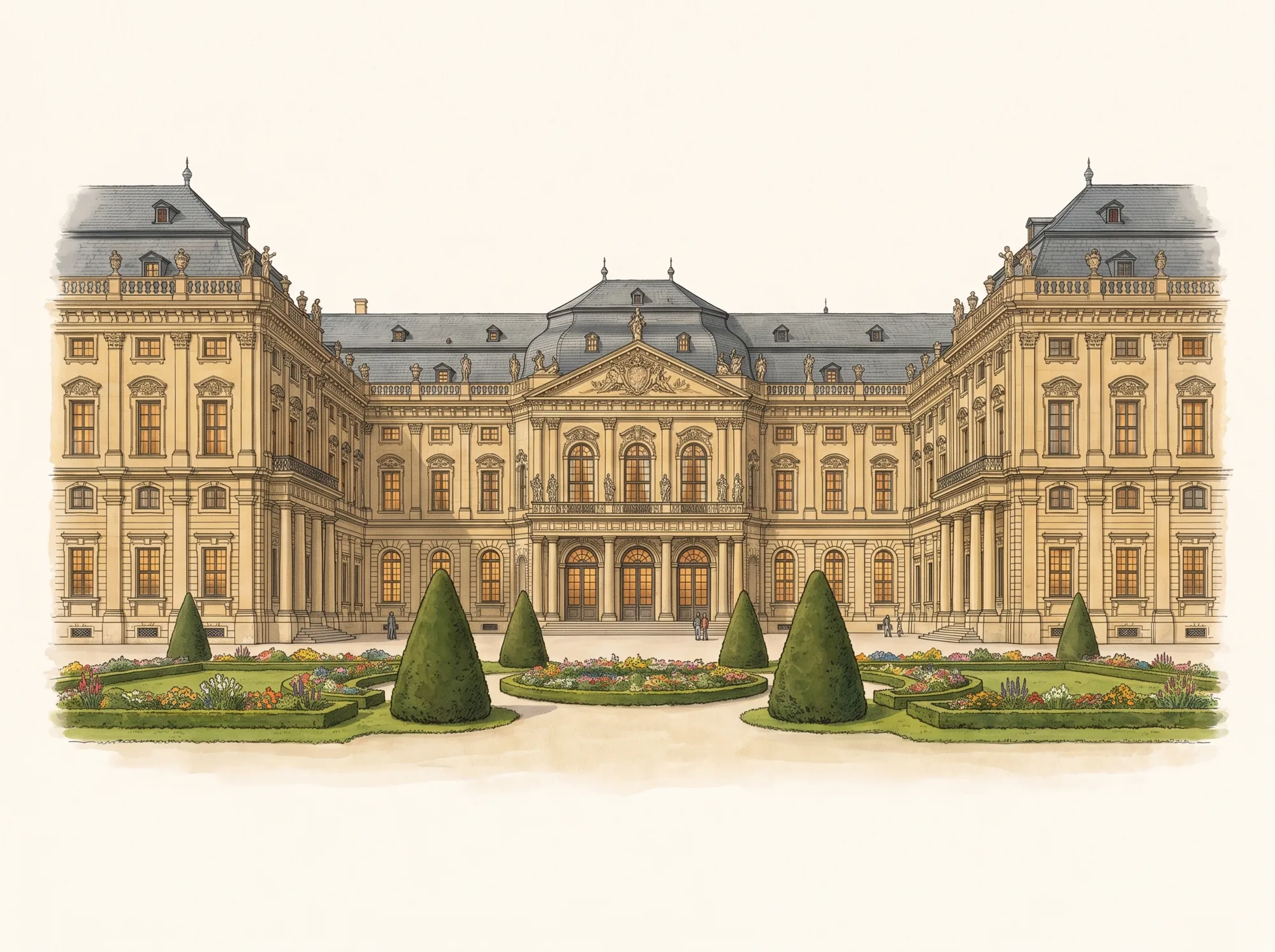 Illustration: Würzburger Residenz mit Ehrenhof und Gartenbeeten
