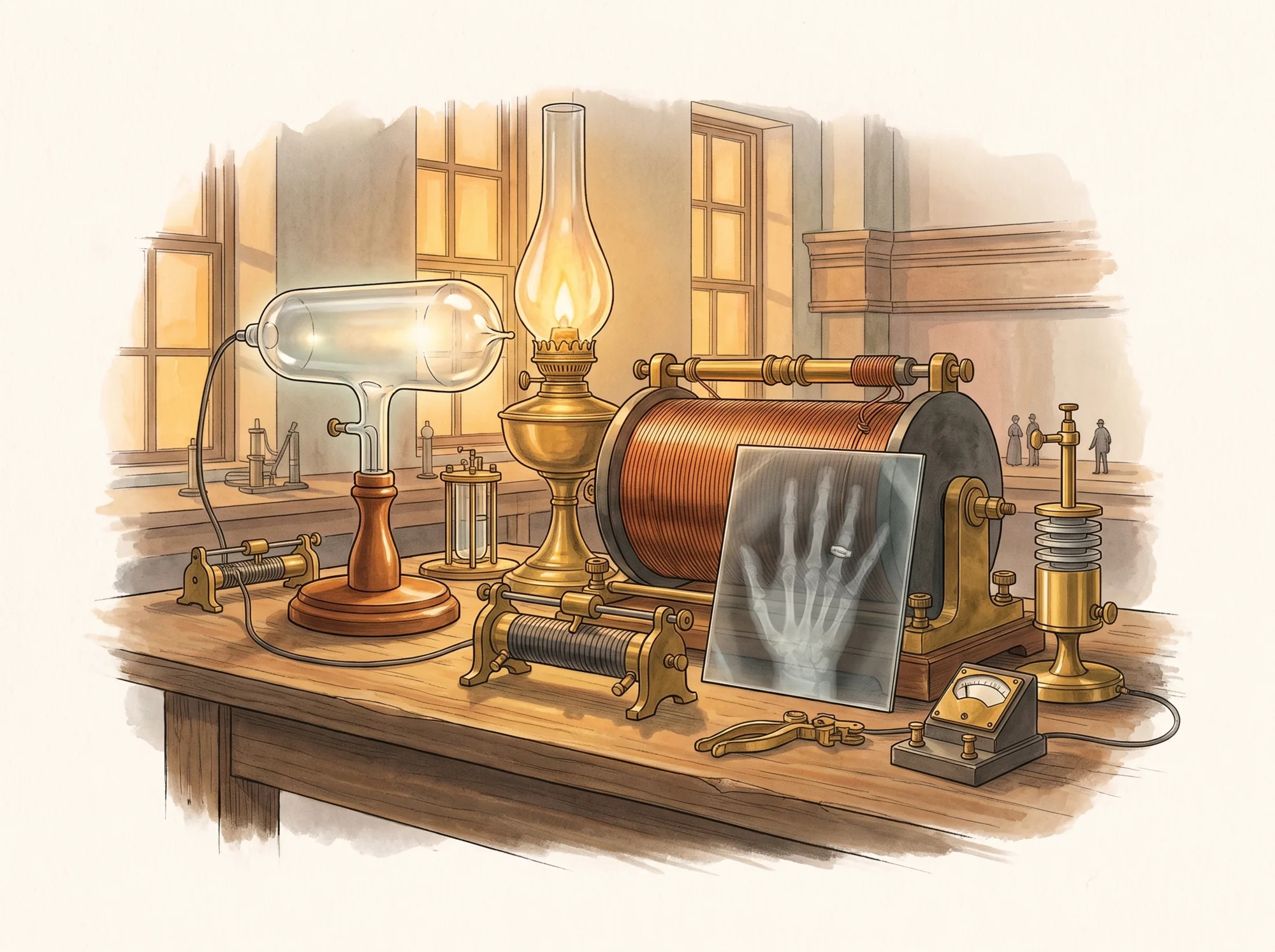 Illustration: Laborgeräte aus Röntgens Zeit mit dem Röntgenbild einer Hand