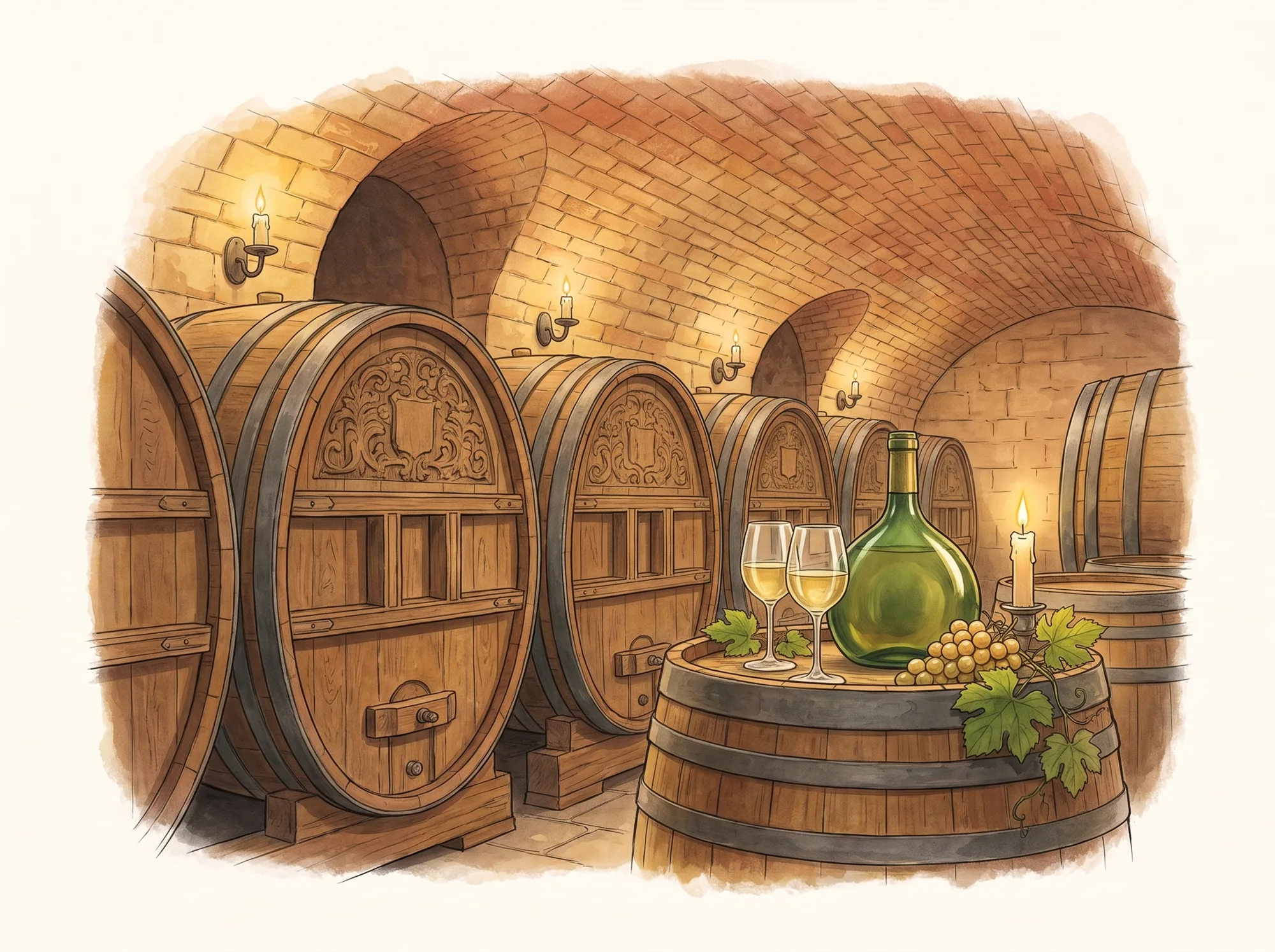 Illustration: Holzfässer im Gewölbekeller, Bocksbeutel und zwei Gläser Silvaner